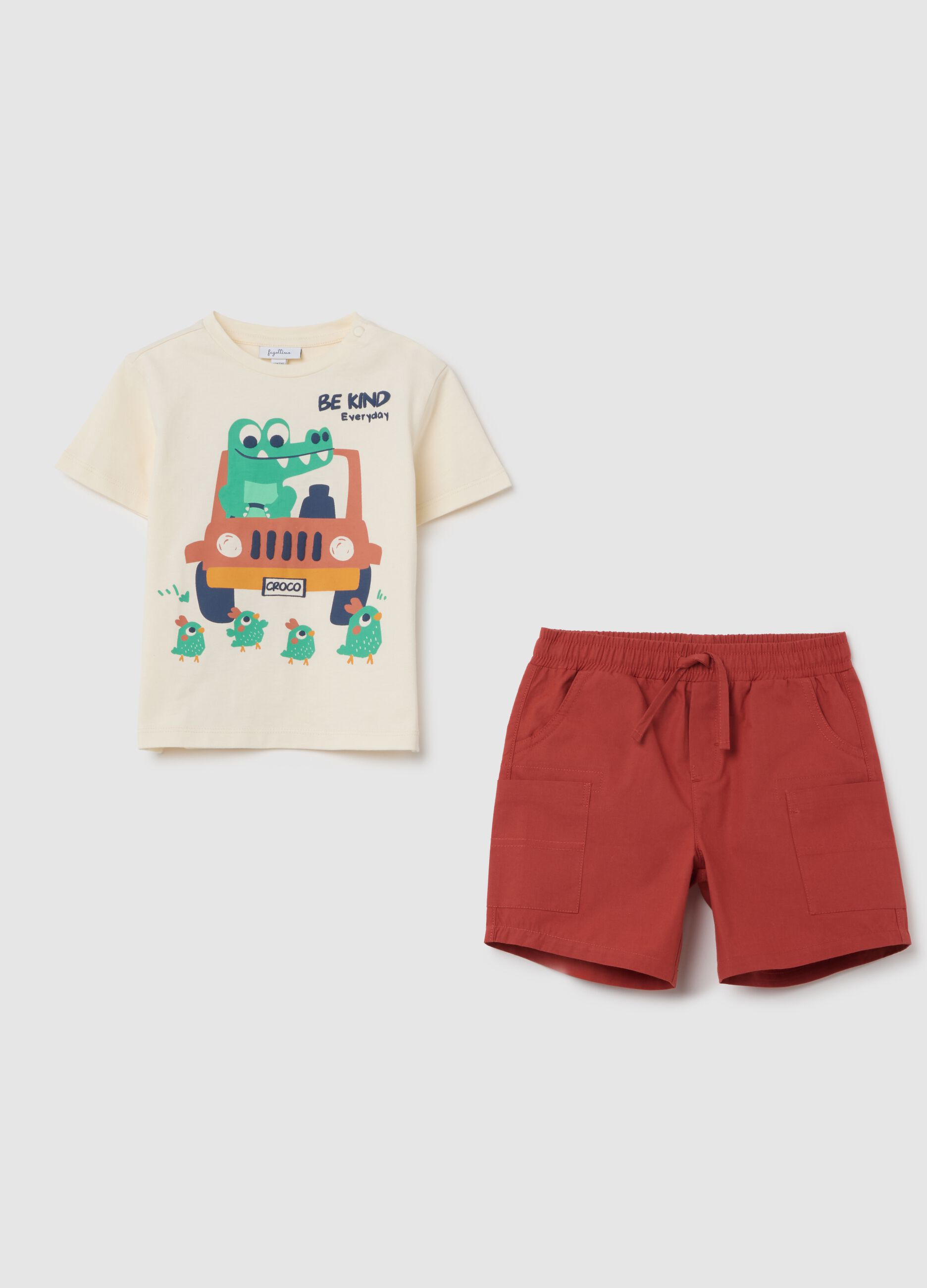 Set da neonato in puro cotone beige con stampa e pantaloncini regular fit