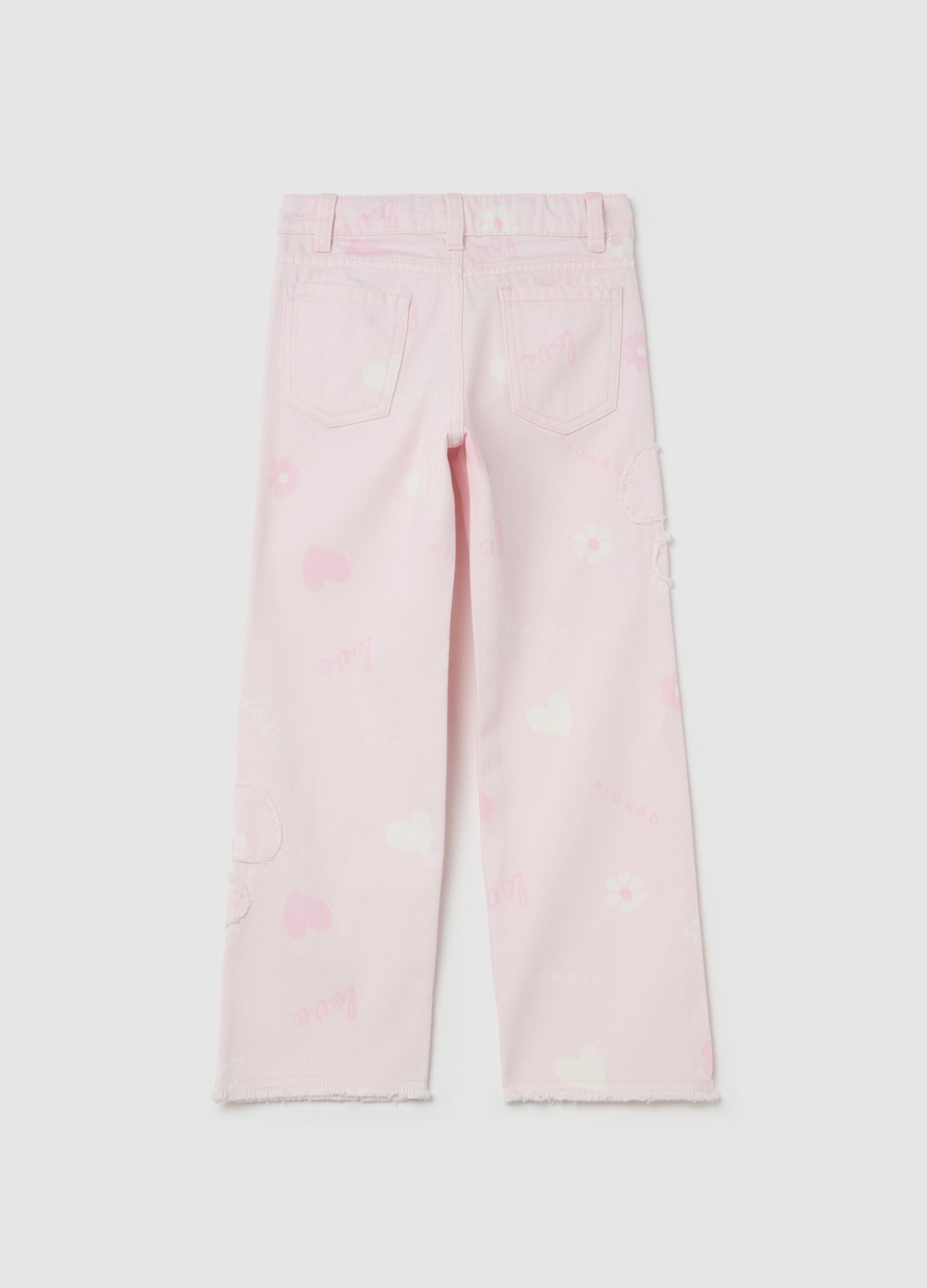Jeans with heart print and appliqué flowers