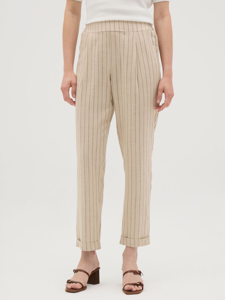 Beige Linen Blend Women's Regular Fit Trousers_1
