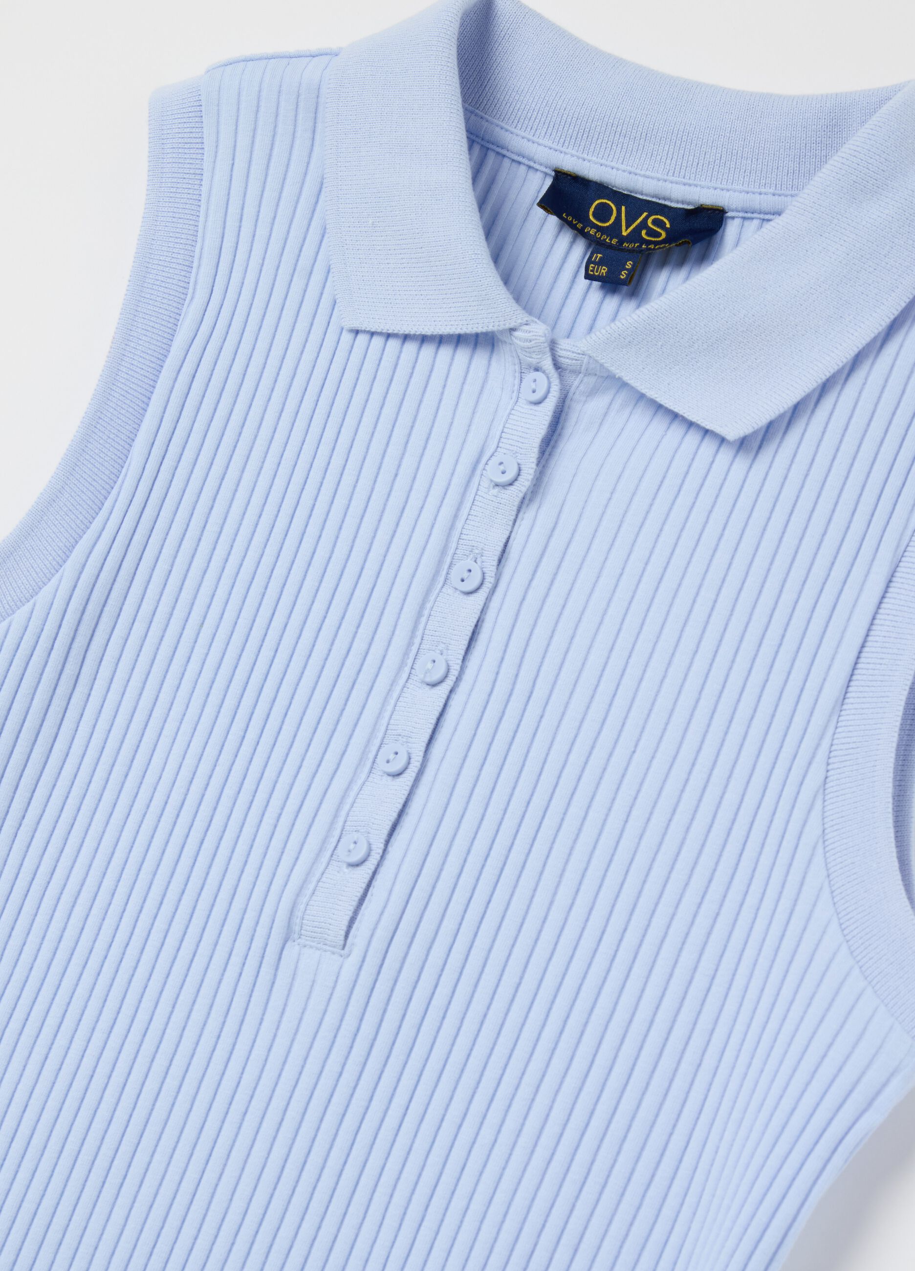 Light blue sleeveless polo shirt with ribbing