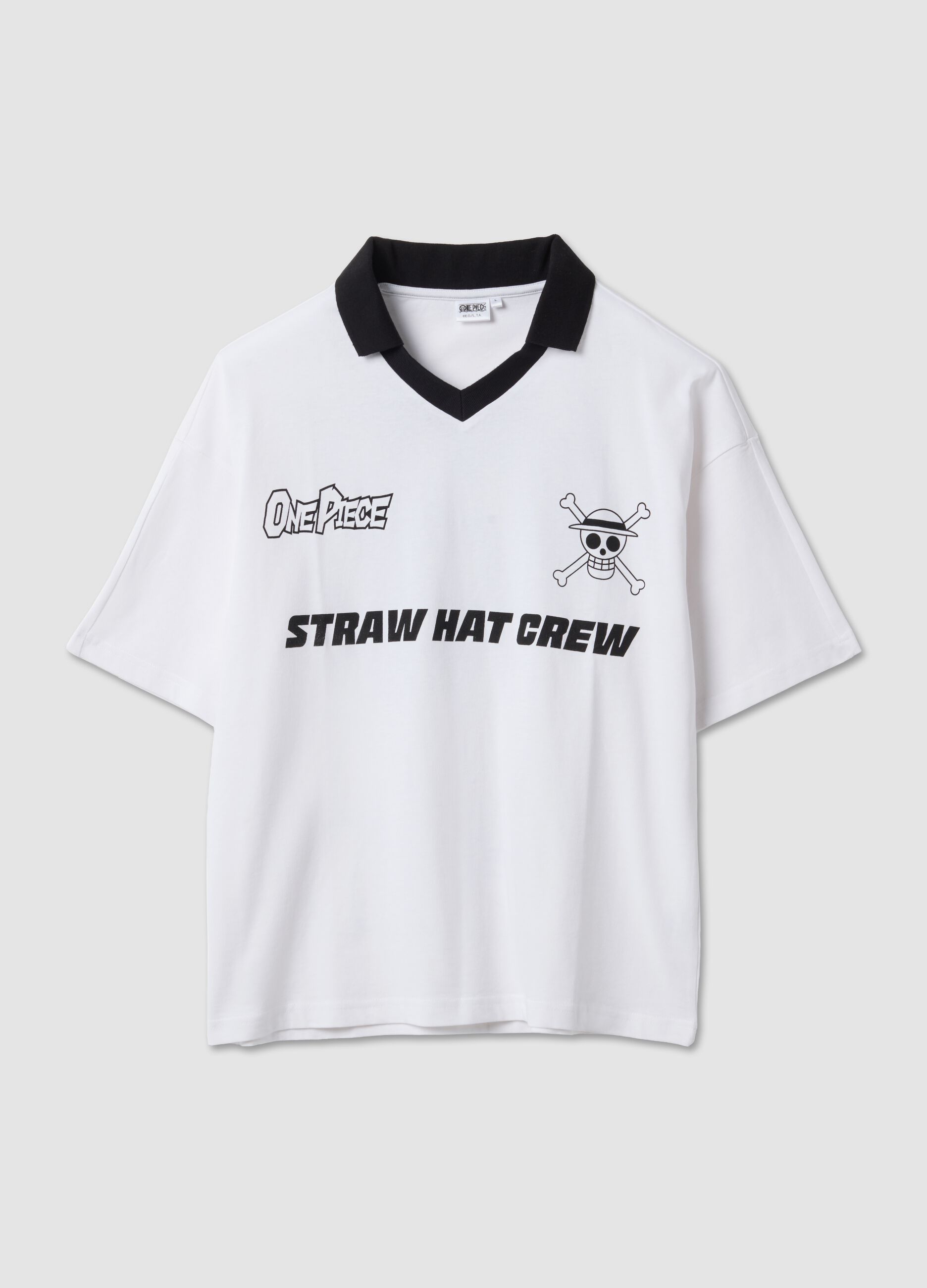 White pure-cotton T-shirt with contrast collar and One Piece print
