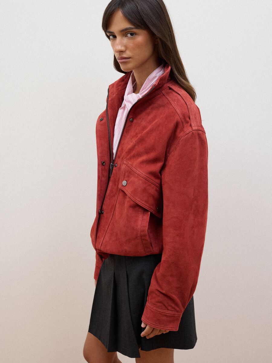 Bomber rosso in vera pelle con zip e bottoni regular fit_0