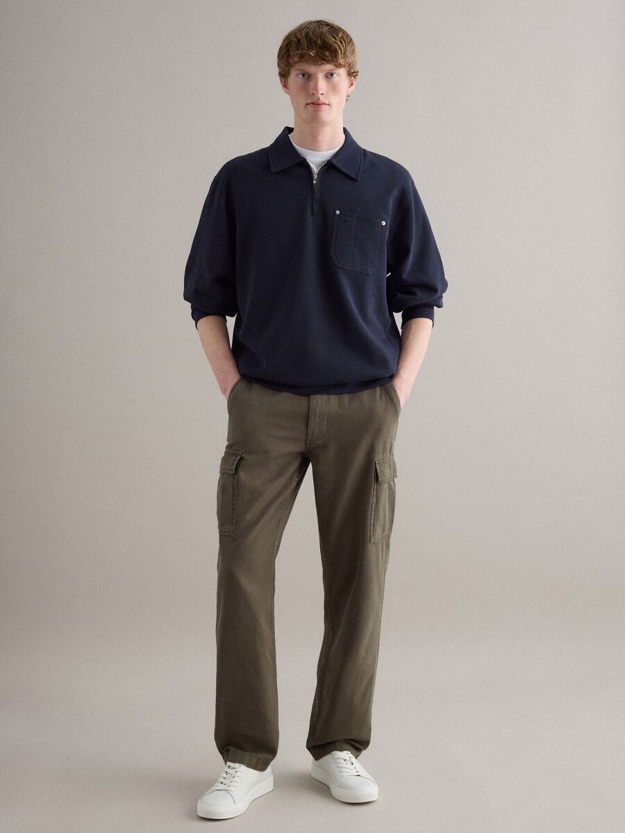 Felpa in puro cotone blu regular fit con mezza zip e colletto_1