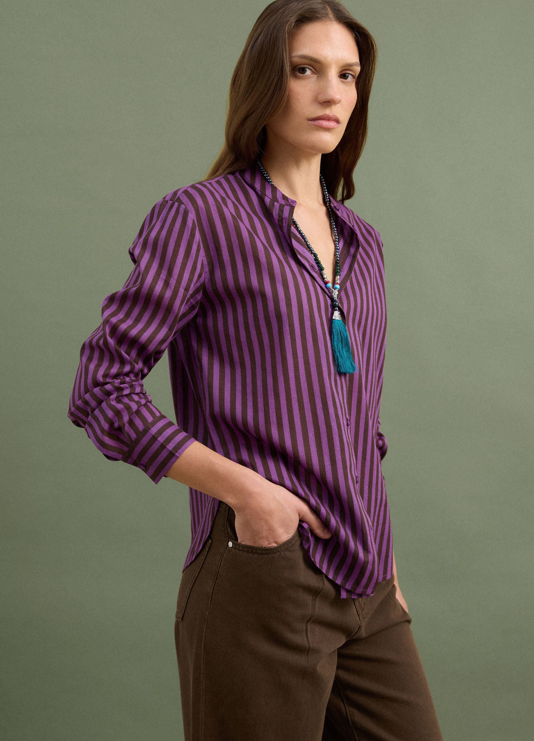 Purple pure cotton striped shirt with grandad collar, regular fit