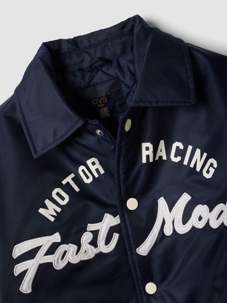 Blue varsity jacket with zip and racing print_1