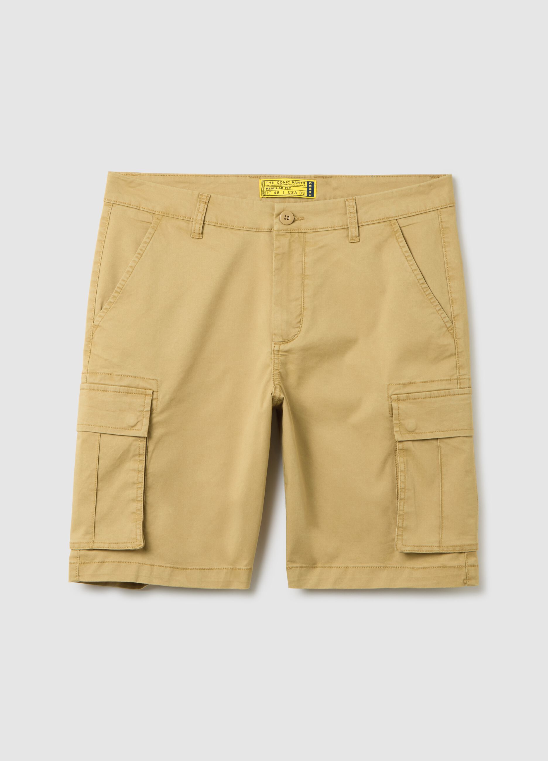 Men's beige stretch cotton regular fit bermuda shorts