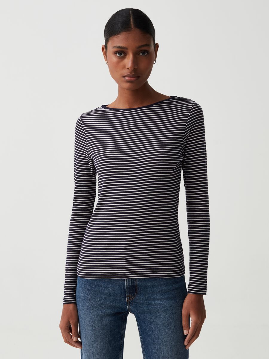 Slim striped T-shirt with boat neck_0