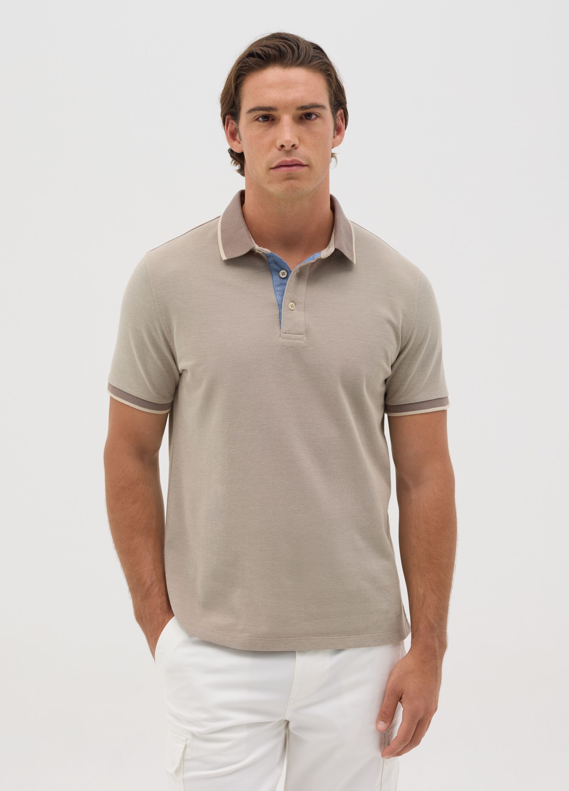 Beige polo shirt with short sleeves in cotton piquet