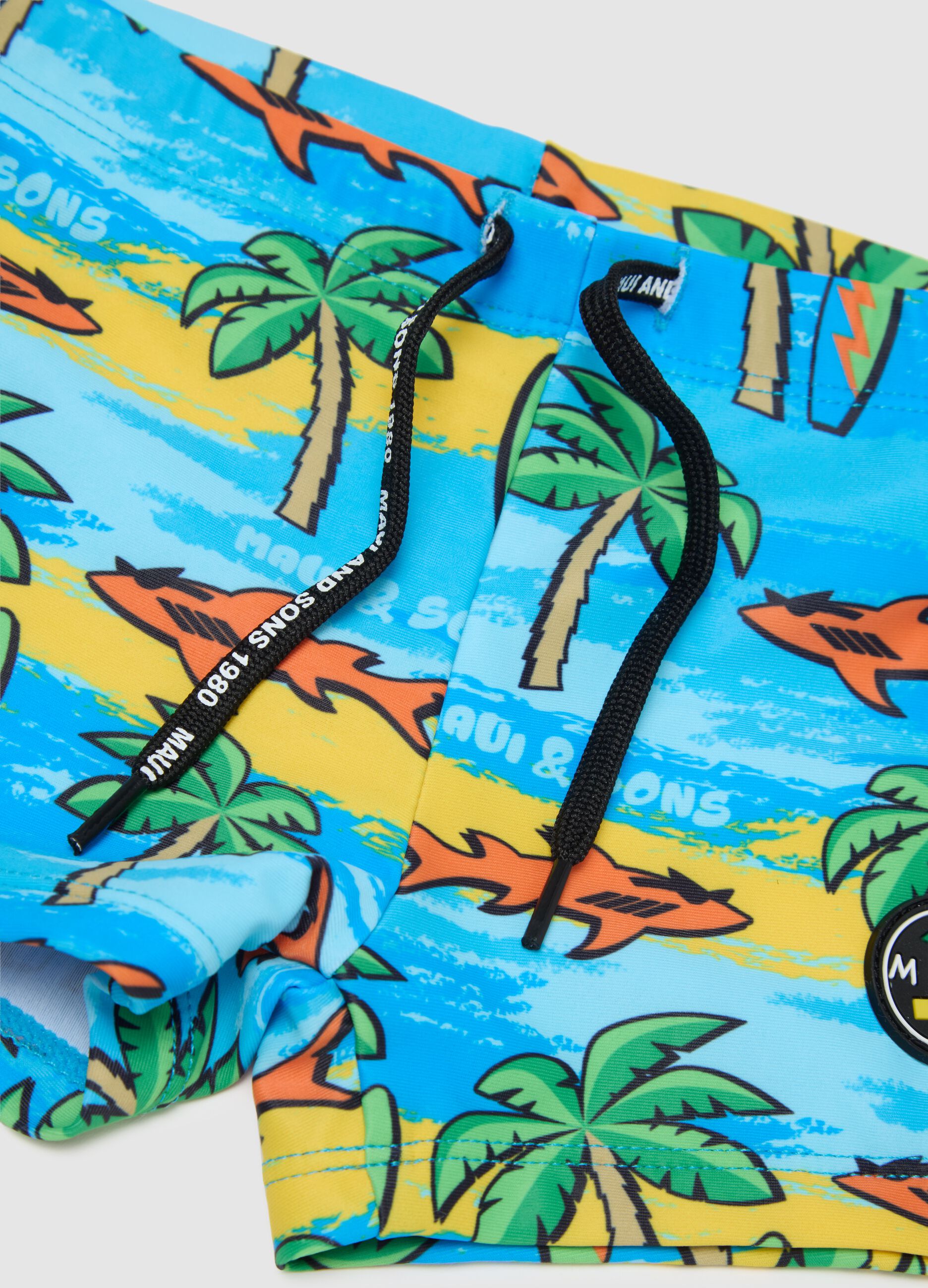 Costume da bagno da bambino in tessuto elasticizzato multicolor con stampa tropicale