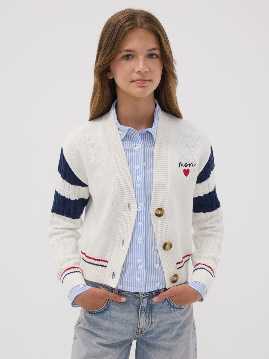 White cotton-blend cardigan with deep V-neck and heart embroidery_0