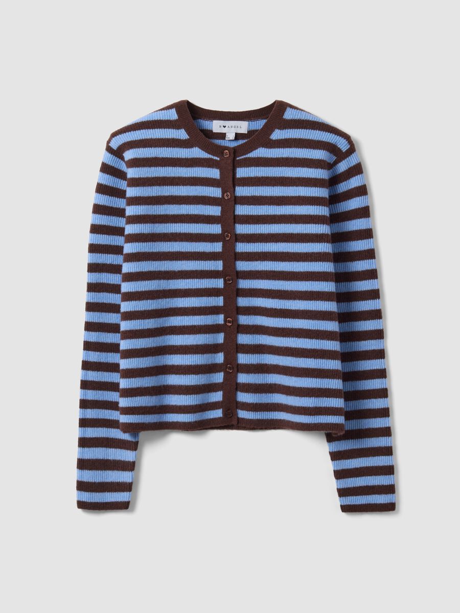 Cardigan azzurro girocollo in misto lyocell e lana a righe over fit_3