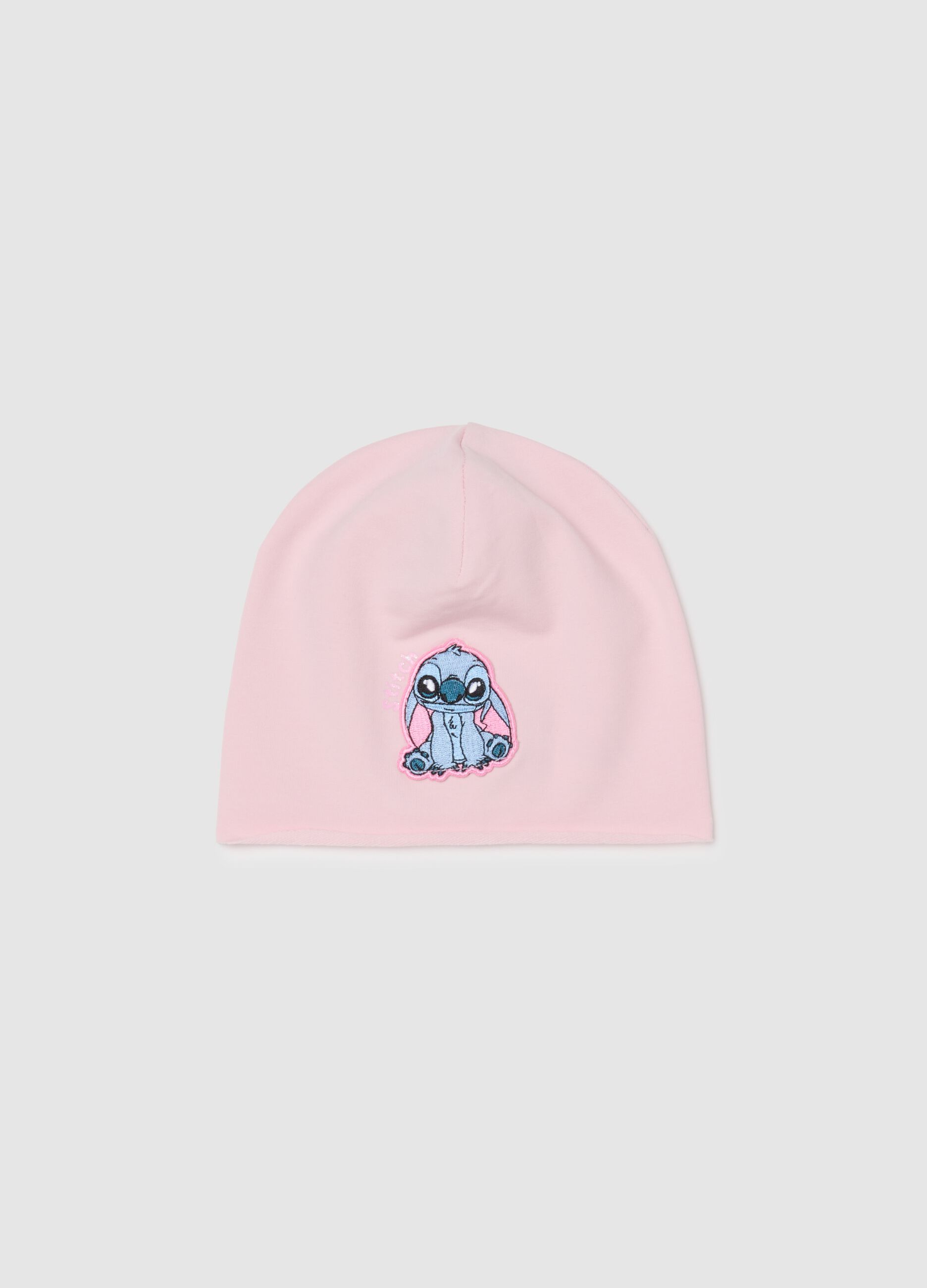 Pink stretch cotton girl's hat with Stitch decoration
