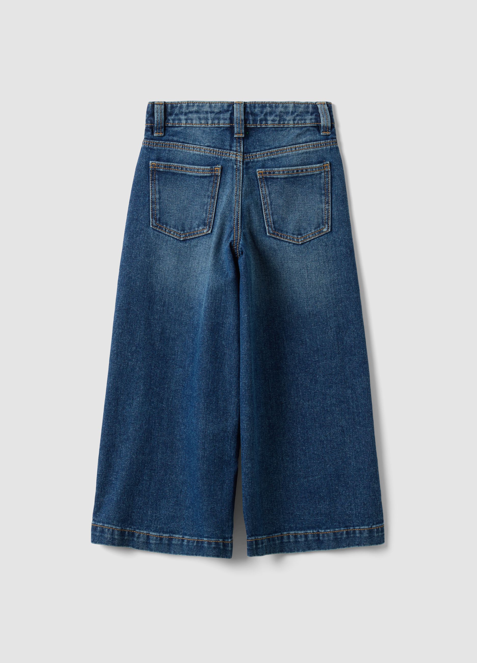Jeans blu wide leg in puro cotone con patch per bambina