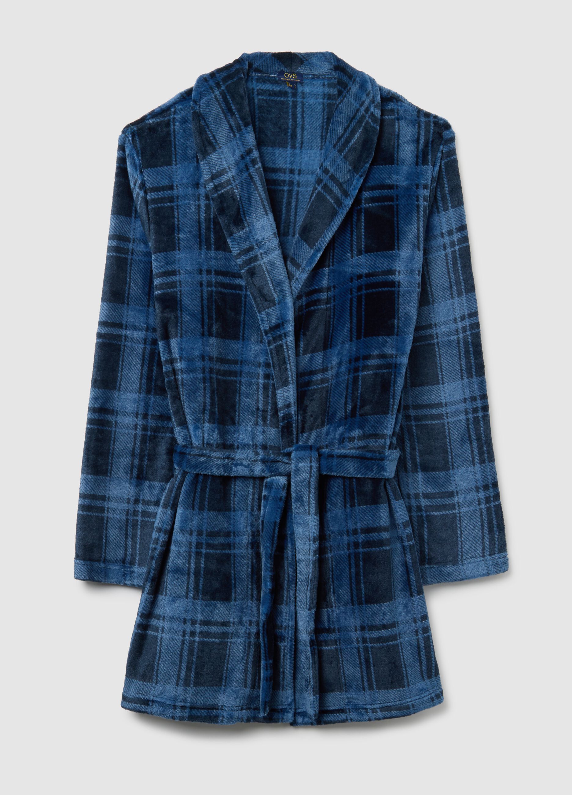 Multicoloured check coral fleece robe with belt