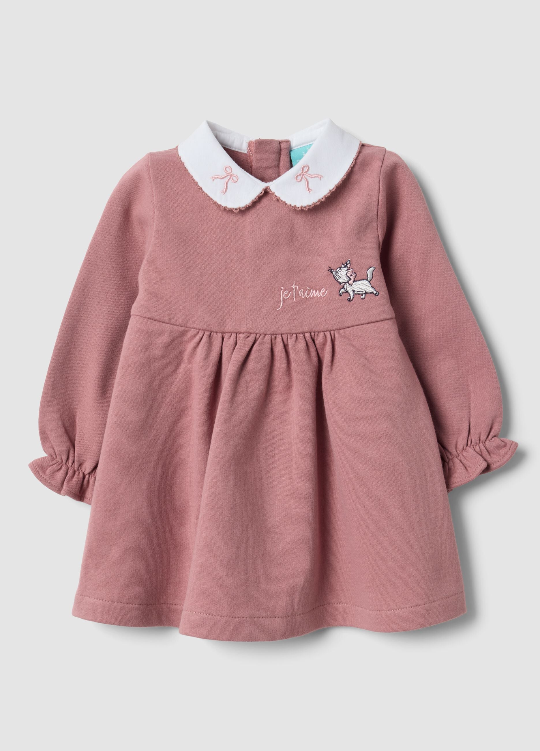 Pink dress in pure organic cotton with The Aristocats embroidery for baby girl