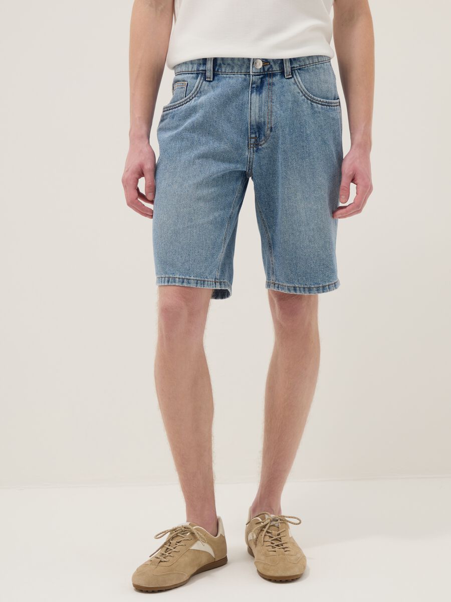 Blue Slim Fit Cotton Blend Denim Shorts_1