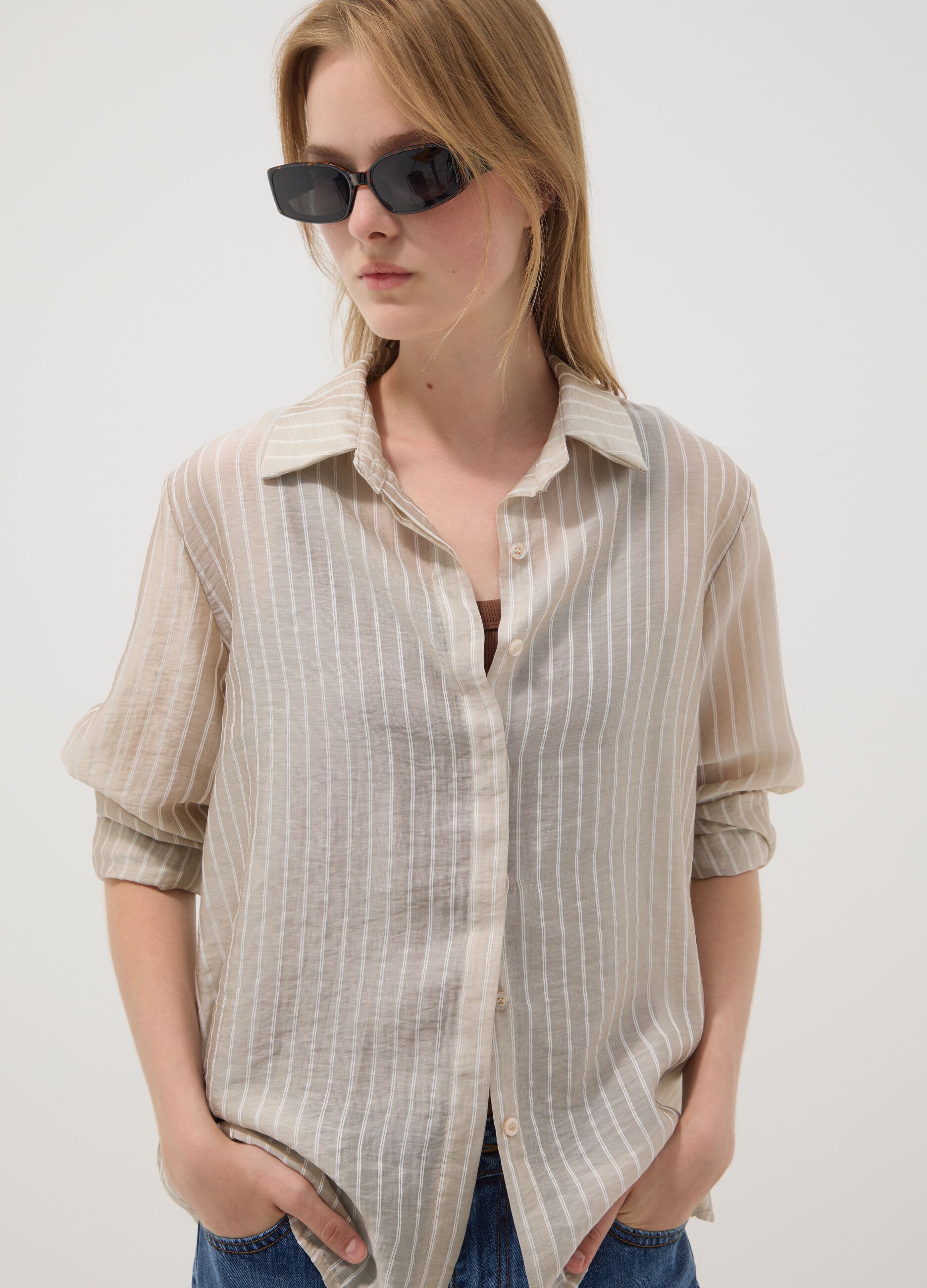 Beige striped lyocell-blend shirt