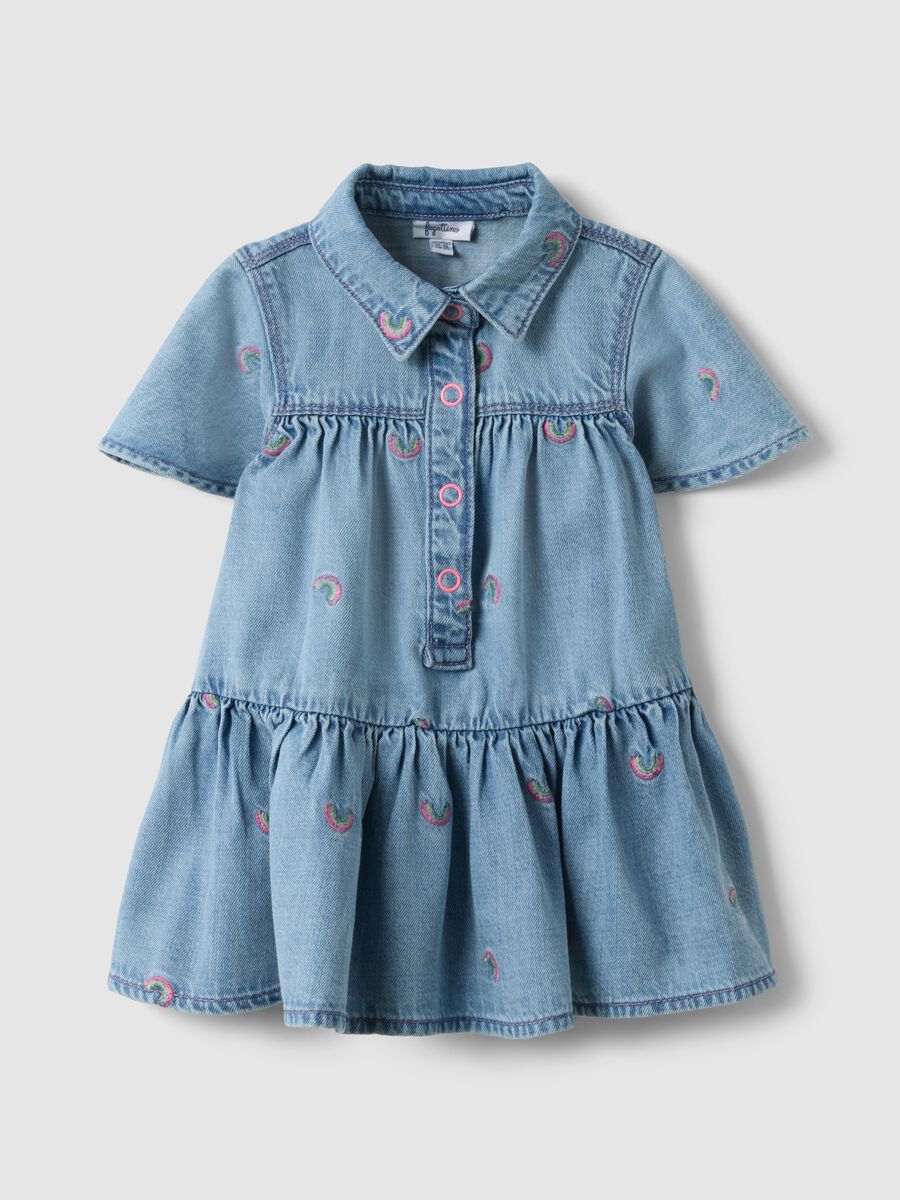 Blue denim cotton blend dress for girls with rainbows_0