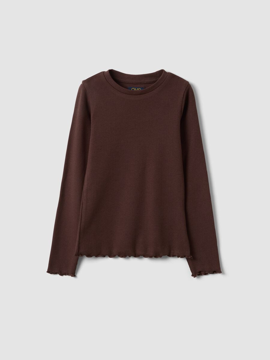 Brown ribbed organic stretch cotton T-shirt_0