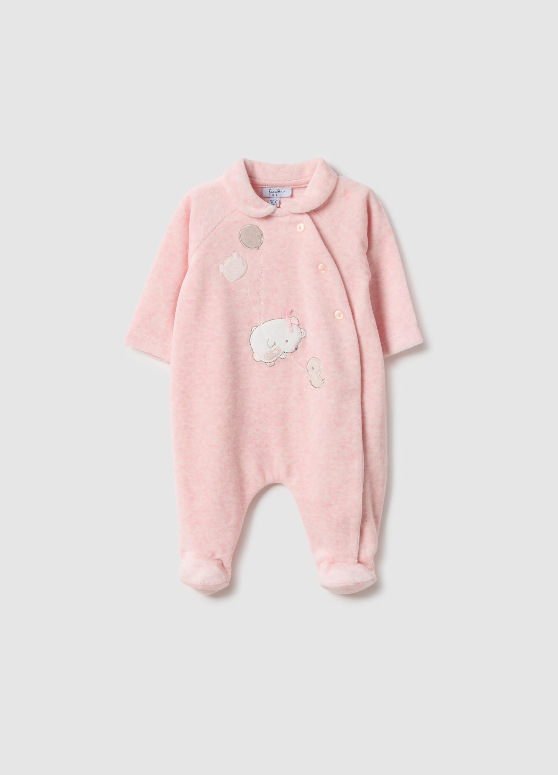 Pink newborn romper in cotton blend with snap closure and embroidery