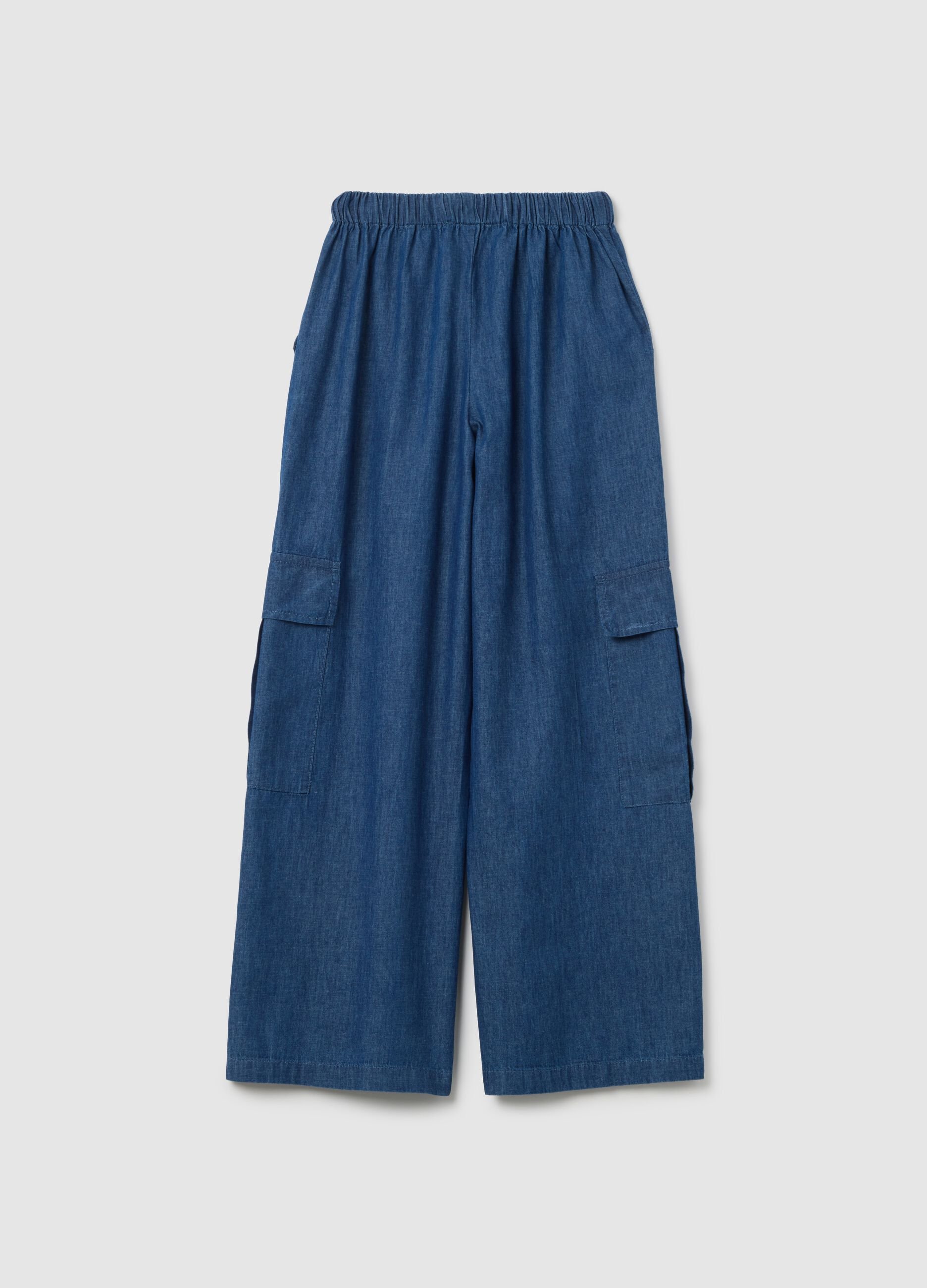 Girls' wide blue cargo trousers in pure cotton