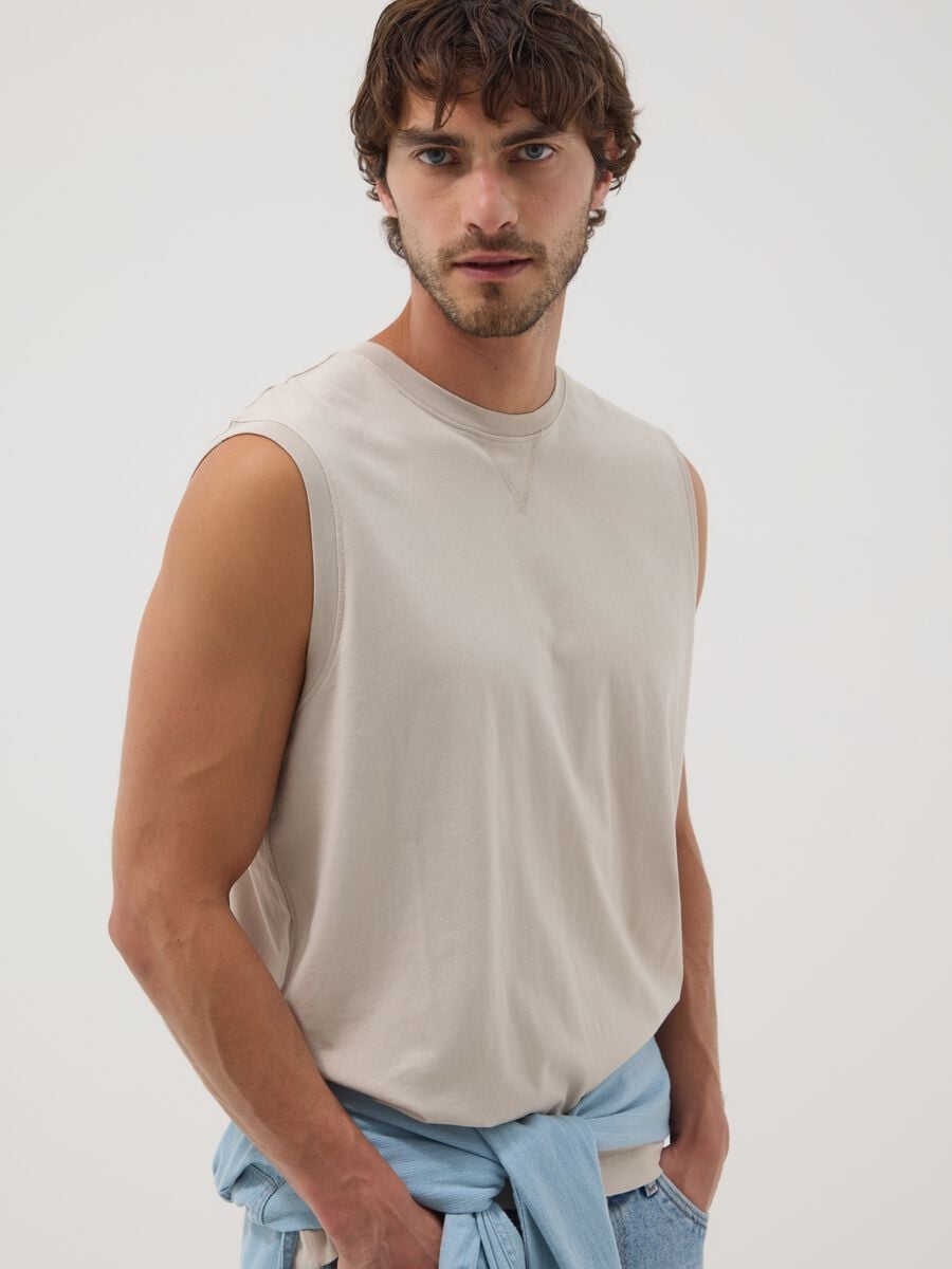 Grey crew-neck pure cotton vest, relaxed fit_0