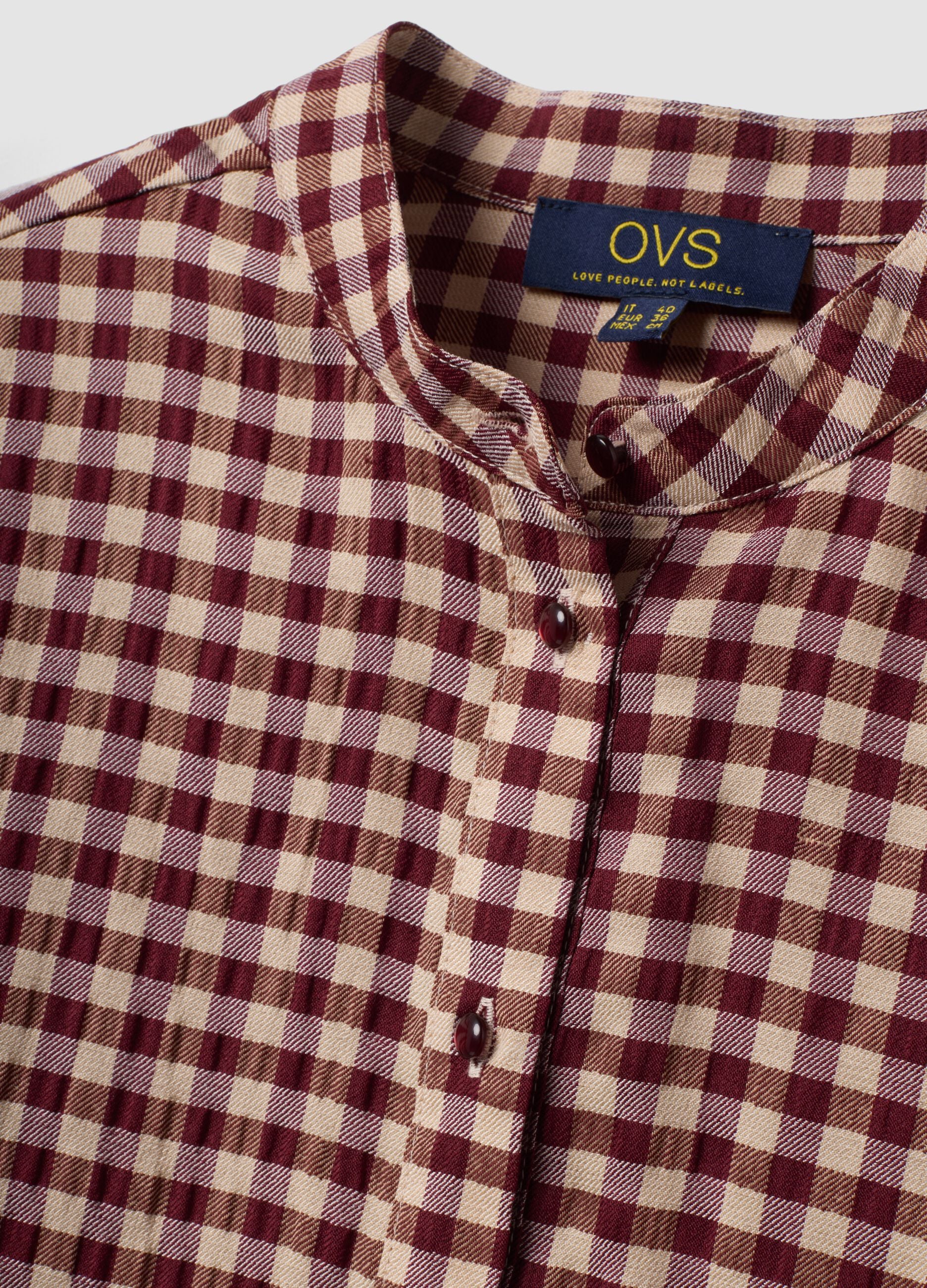 White checked stretch viscose shirt with mandarin collar