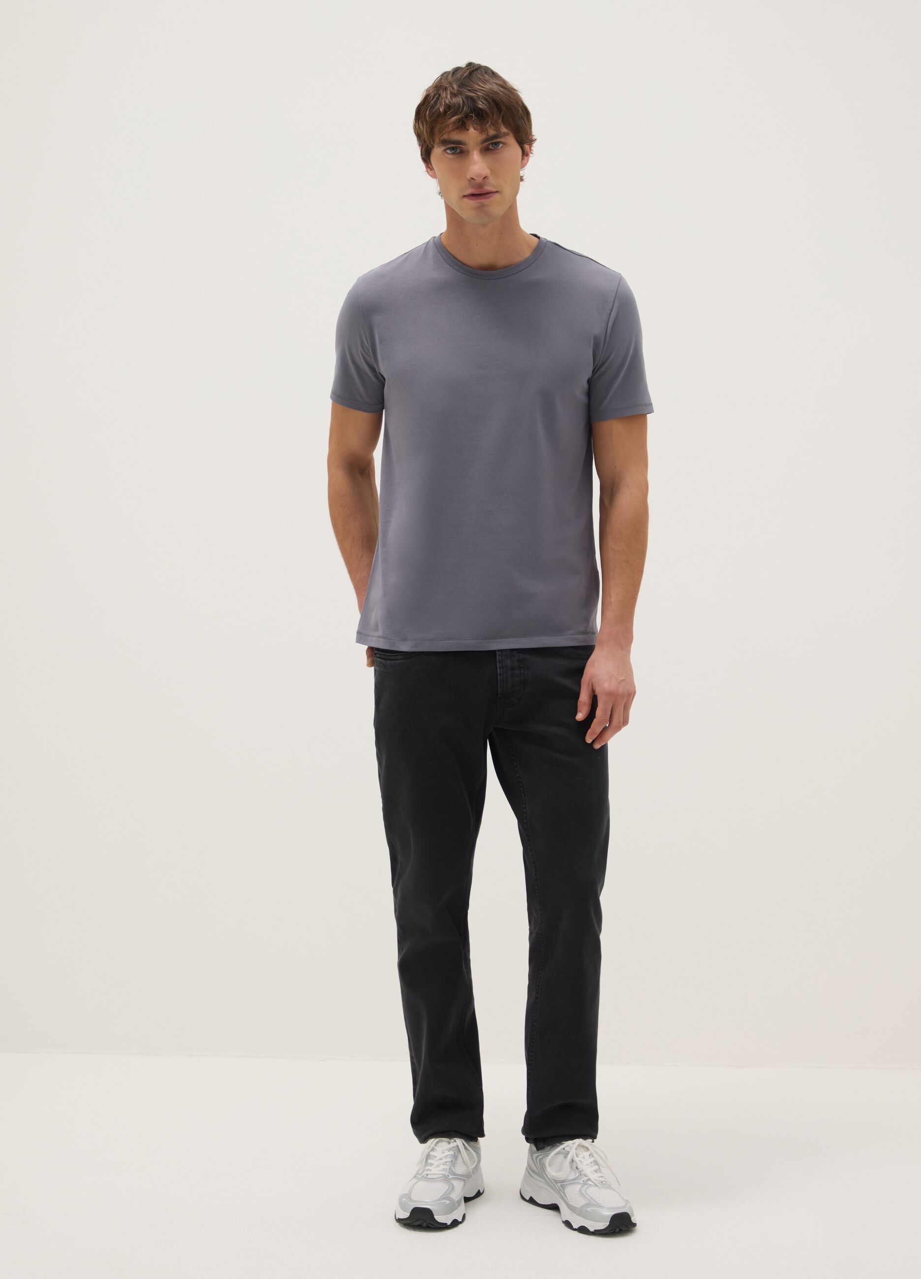 Grey slim fit stretch cotton T-shirt