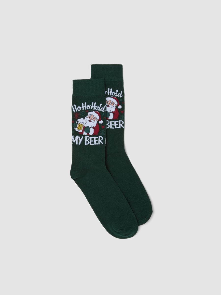 Calze midi verdi in cotone elasticizzato con stampa Babbo Natale_0