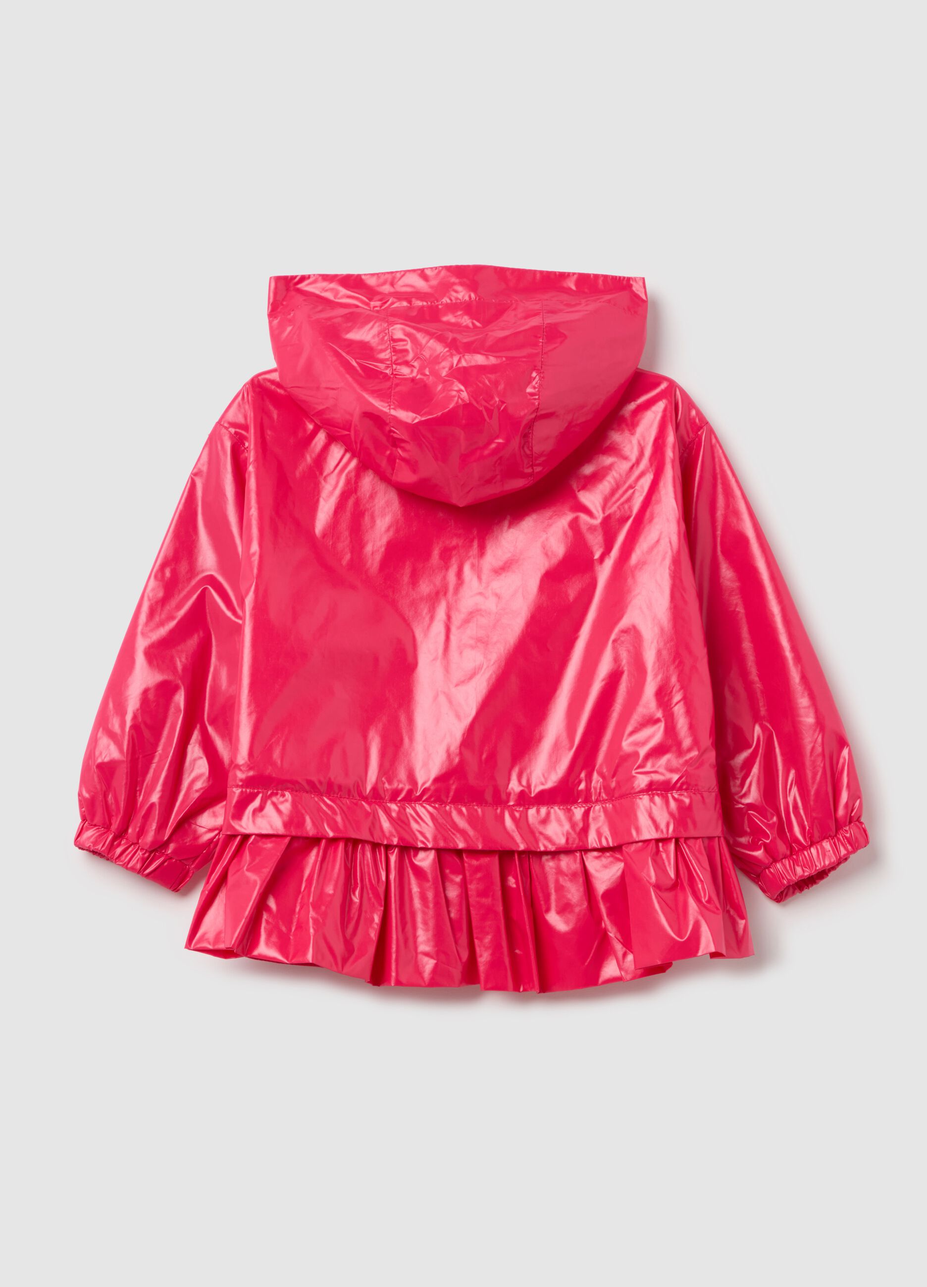 Waterproof jacket with hood and flounce