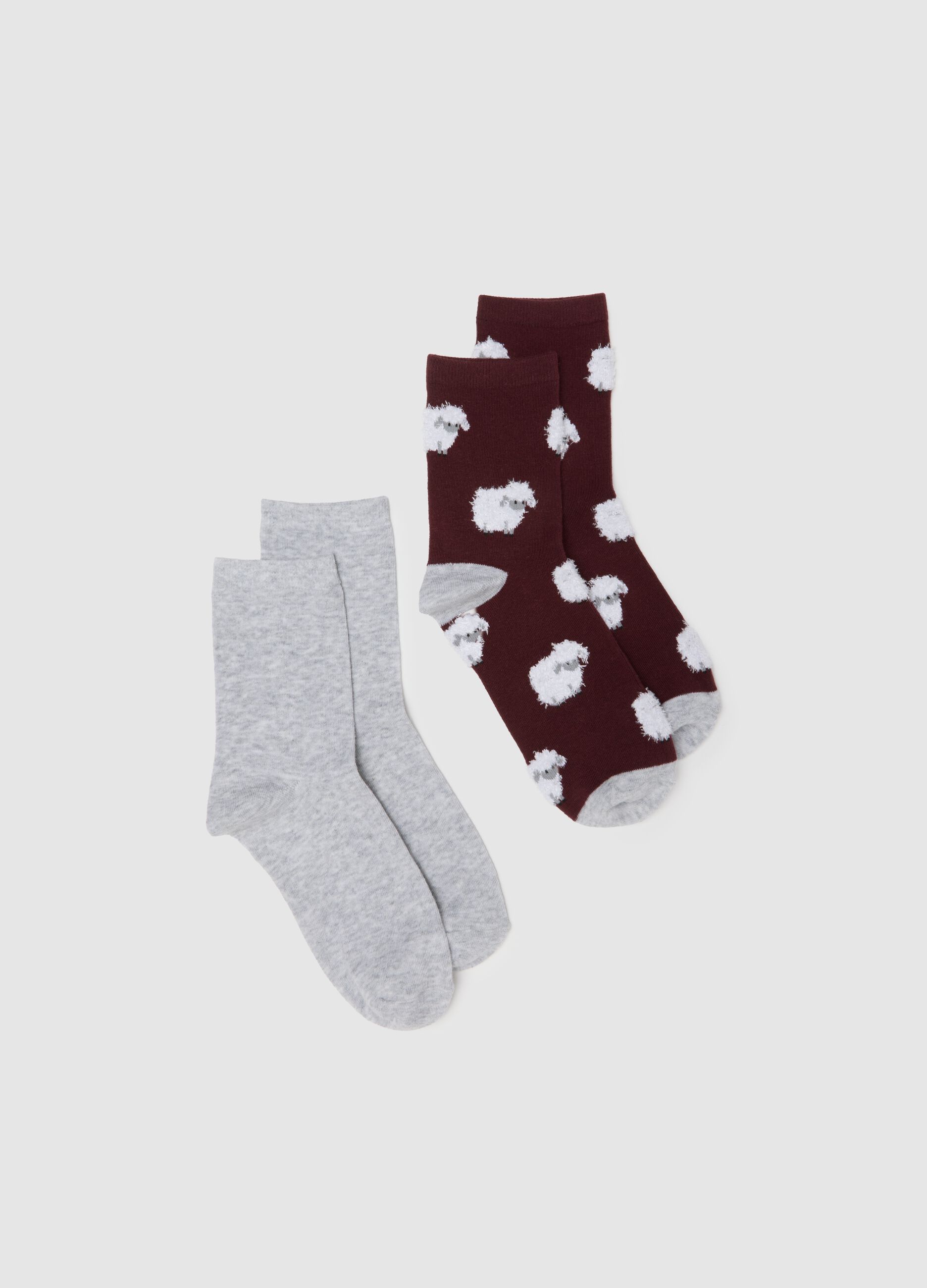 Two-pack of grey and burgundy socks with sheep pattern