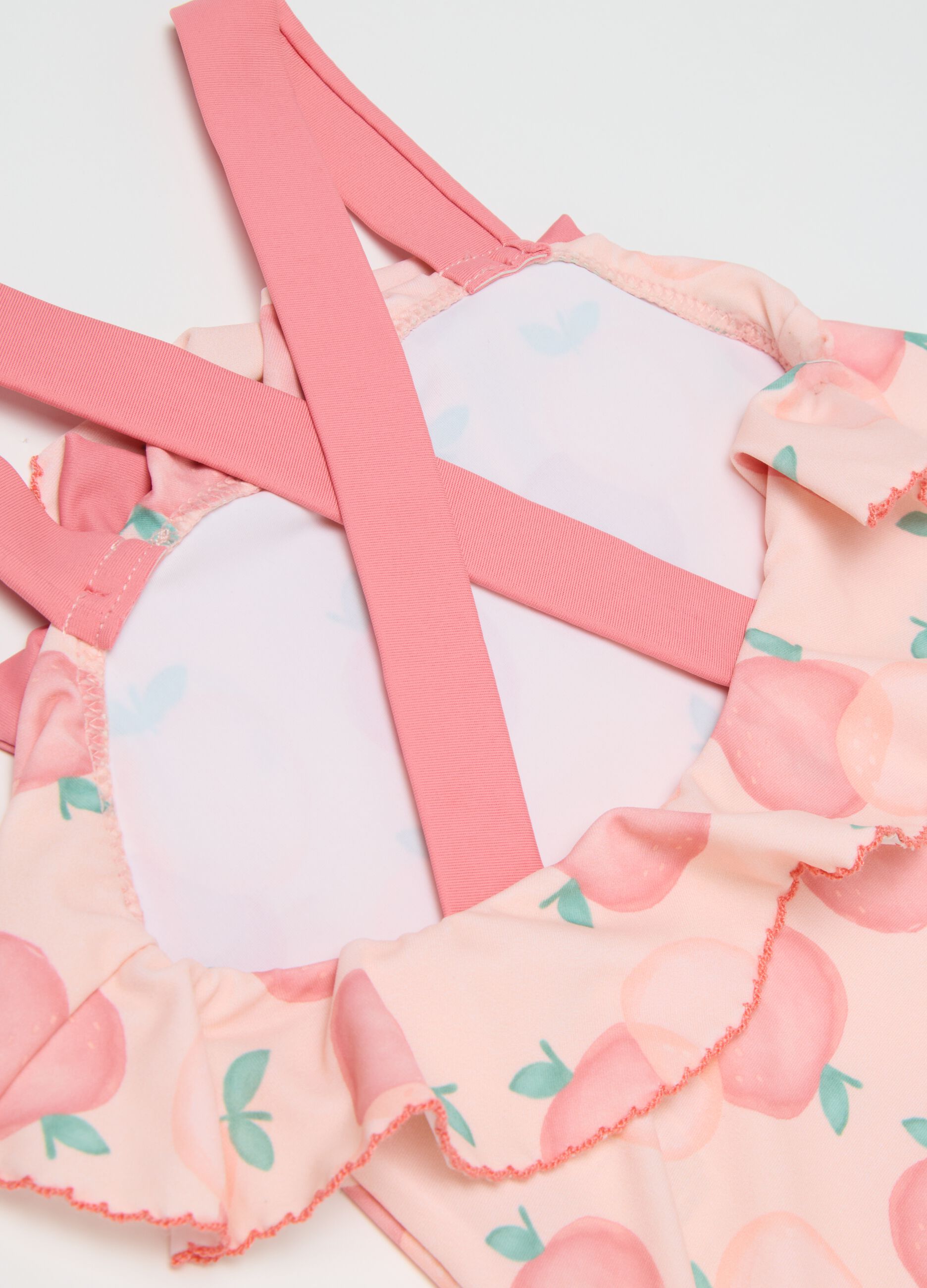 Girls' Pink Stretch Blend Swimsuit with Peach Print and Ruffles