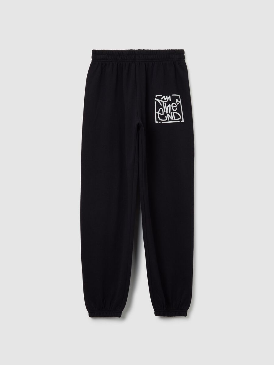 Girls' black jogger trousers in pure cotton with print_0
