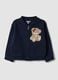 Blue pure cotton sweatshirt with crew neck, zip and teddy bear detail for baby girl_0