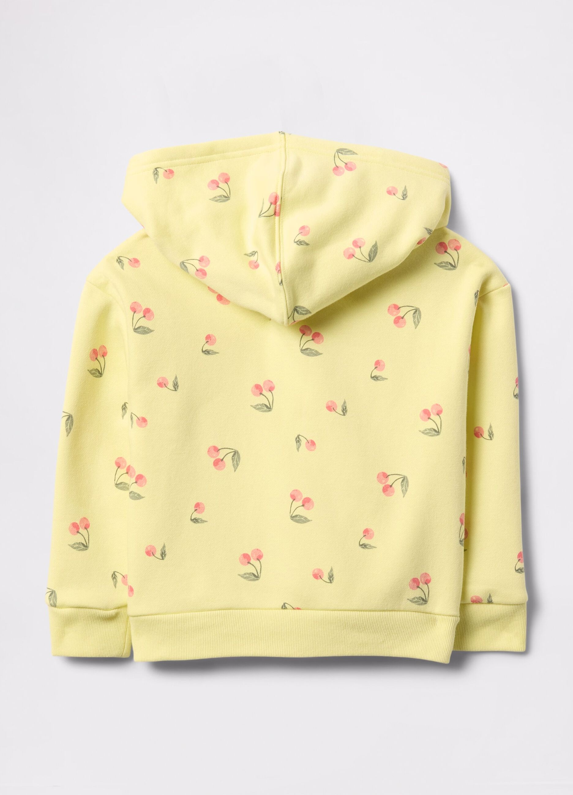 Yellow full-zip sweatshirt with hood, cherries print and logo embroidery