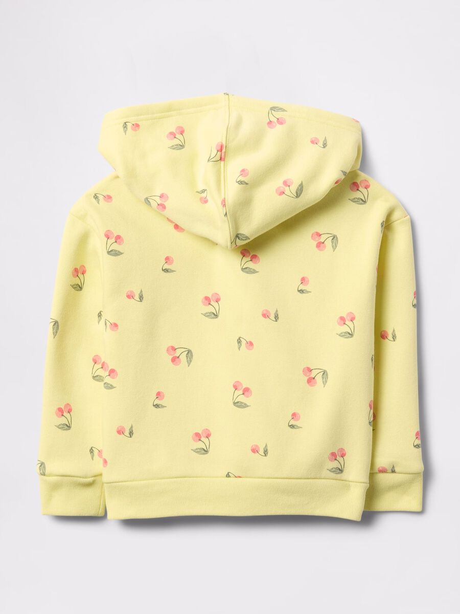 Yellow full-zip sweatshirt with hood, cherries print and logo embroidery_1