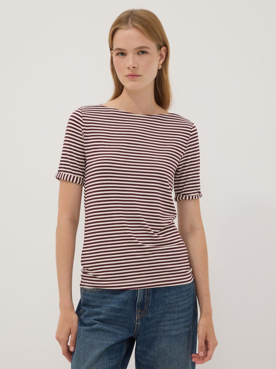 T-shirt bianca in viscosa elasticizzato a righe_0