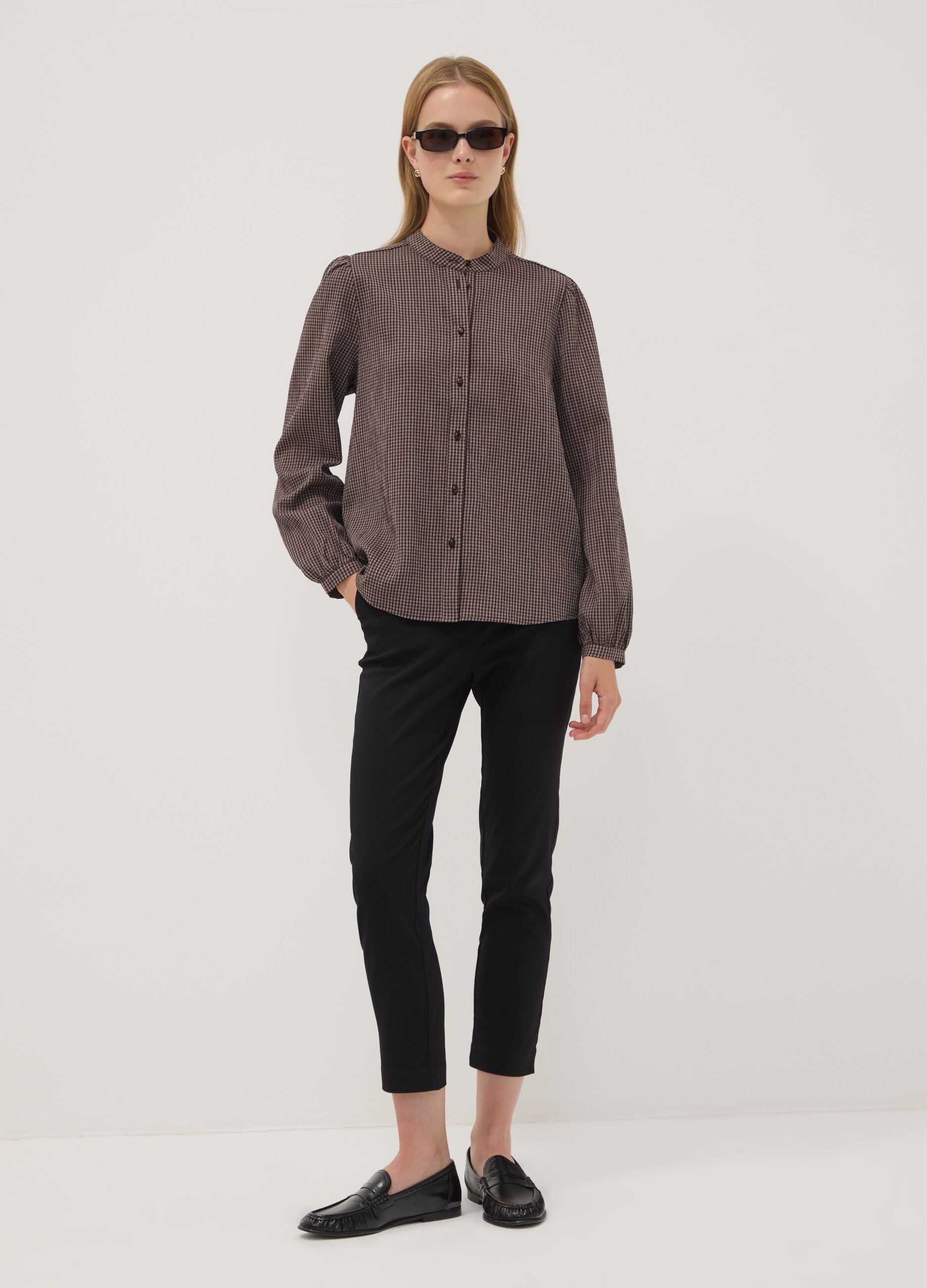 Brown stretch viscose shirt with Mandarin collar