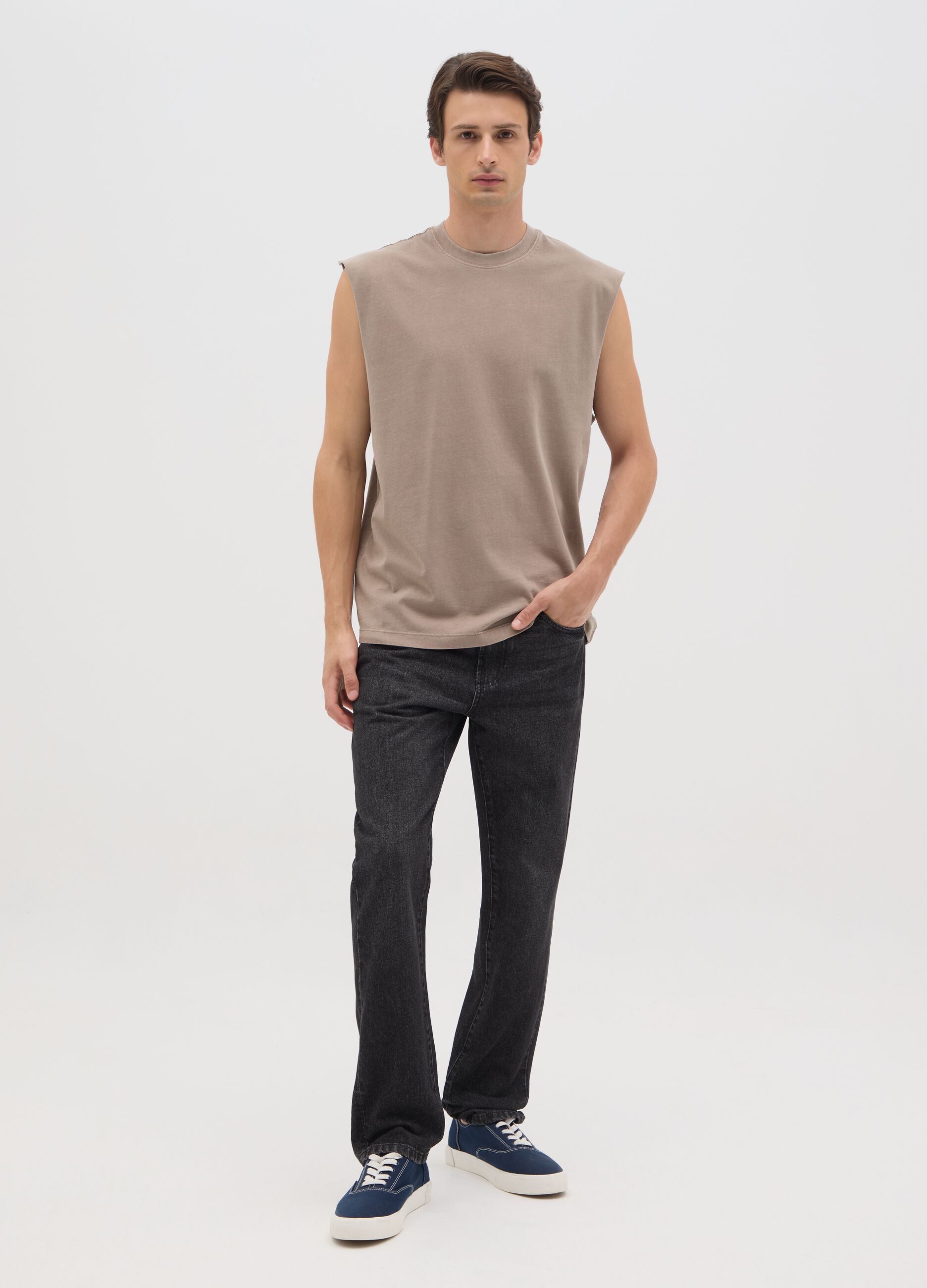 Men's beige pure cotton tank top regular fit