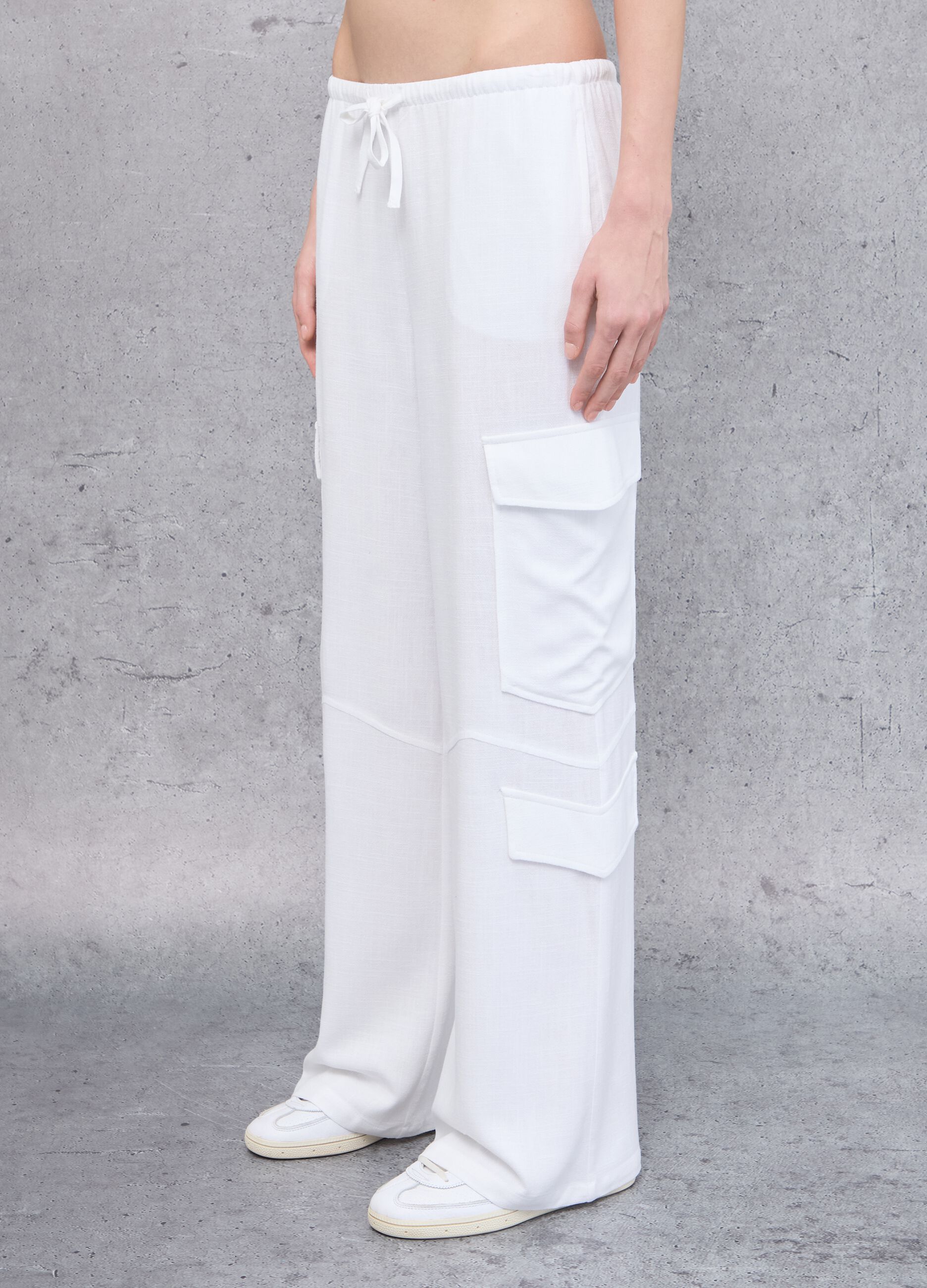 White Linen Wide-Leg Cargo Trousers