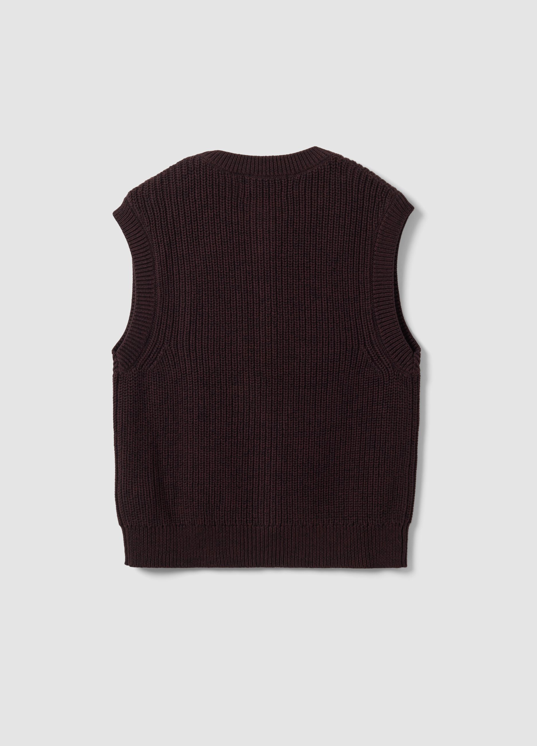 Brown pure cotton knitted vest with crew neck, regular fit