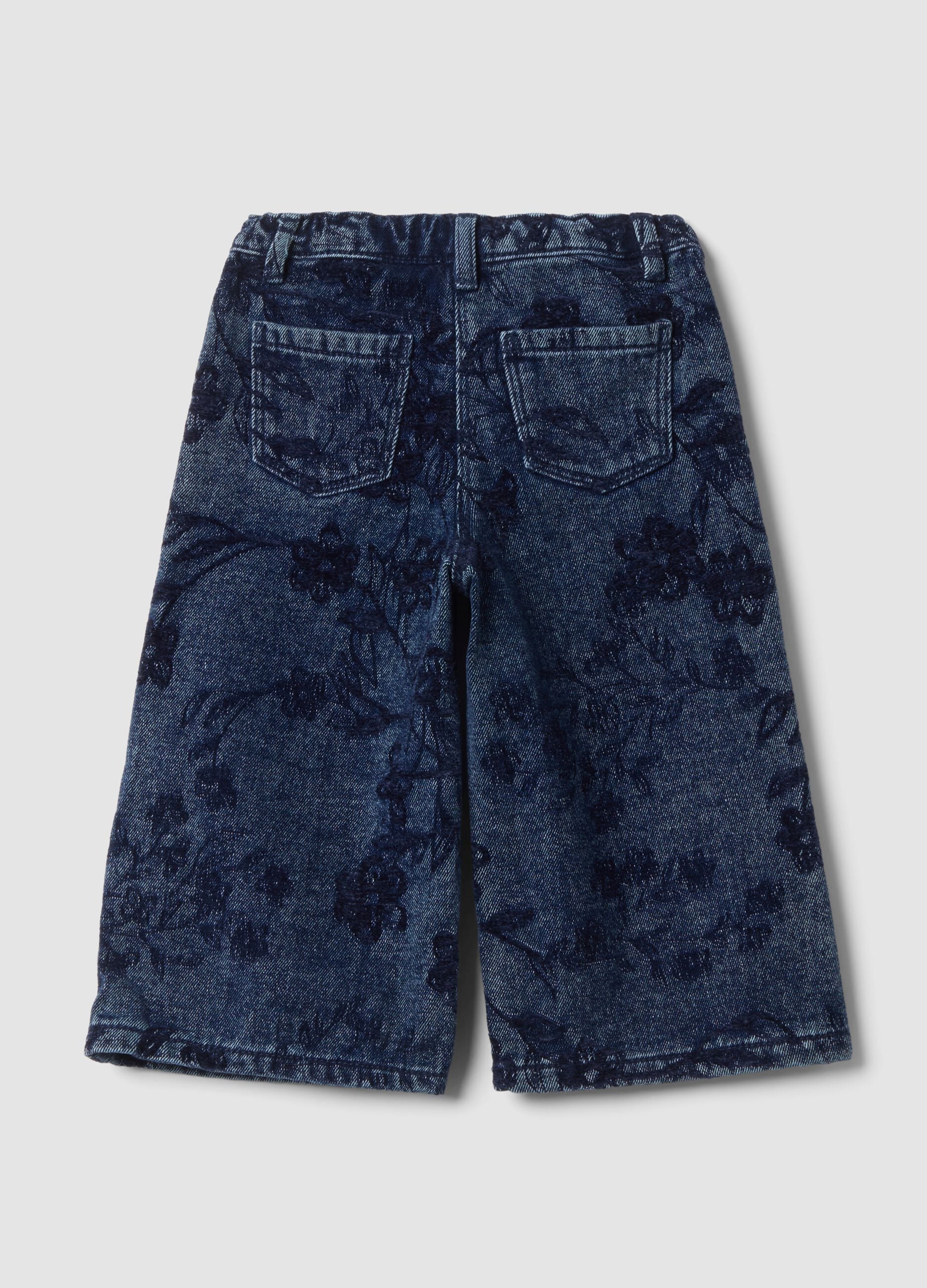 Blue cotton-blend wide-leg jeans with floral print