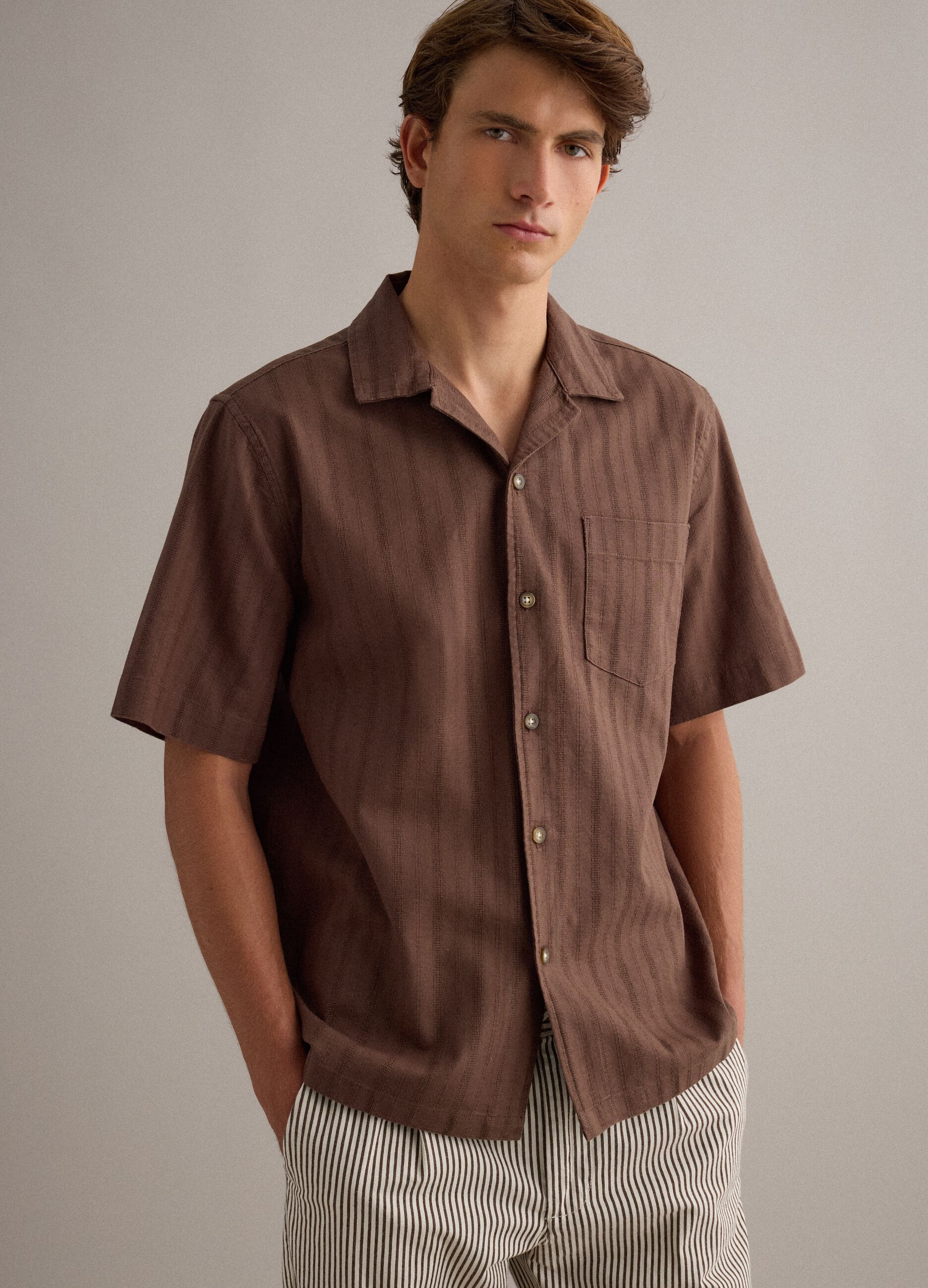 Brown pure cotton regular-fit striped shirt with chest pocket