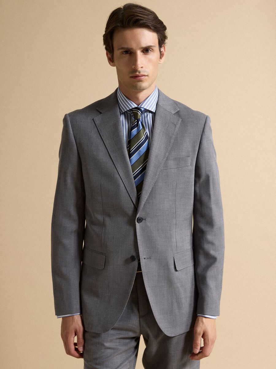 Grey stretch viscose slim-fit blazer with classic lapels_0