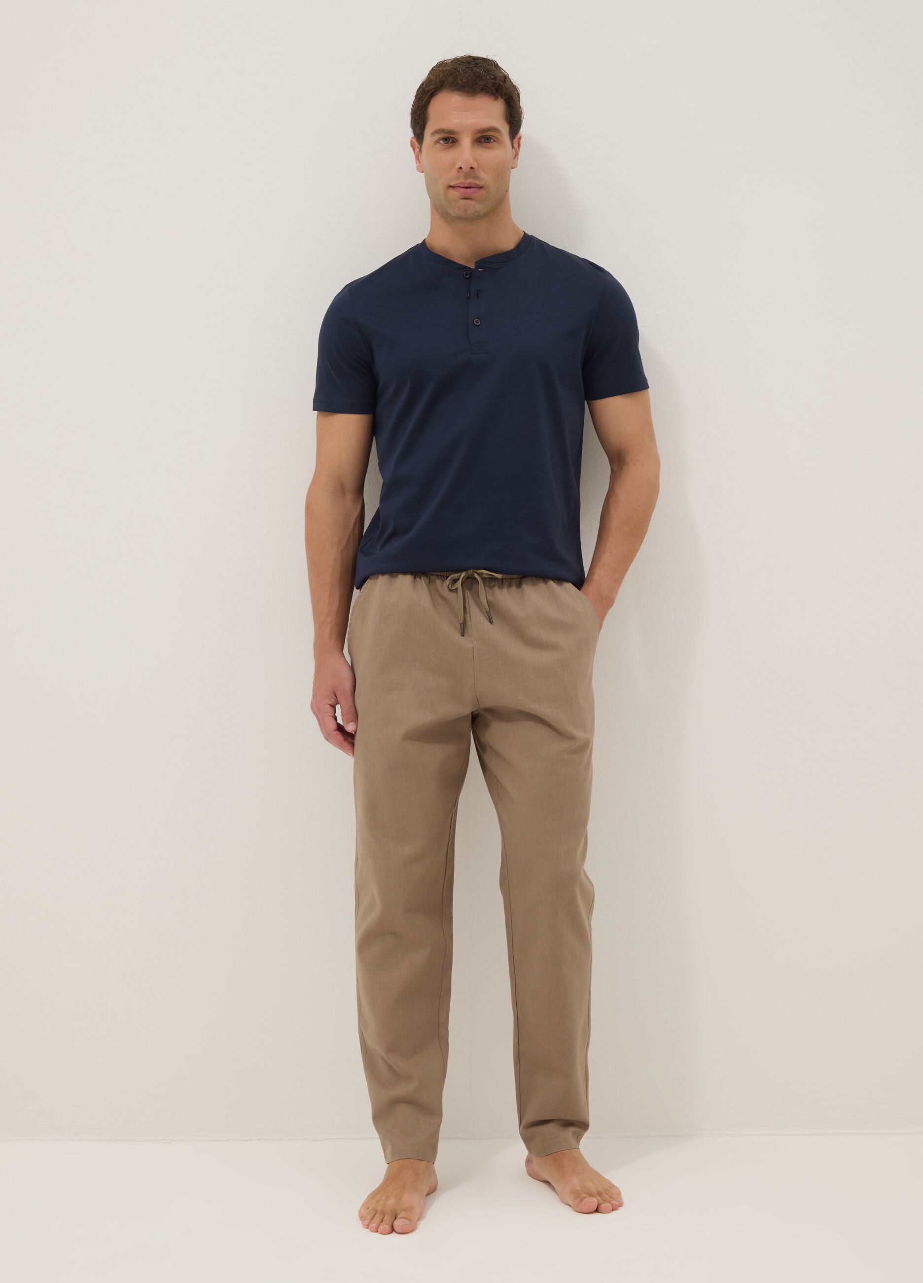 Beige cotton-linen blend pyjama trousers, relaxed fit