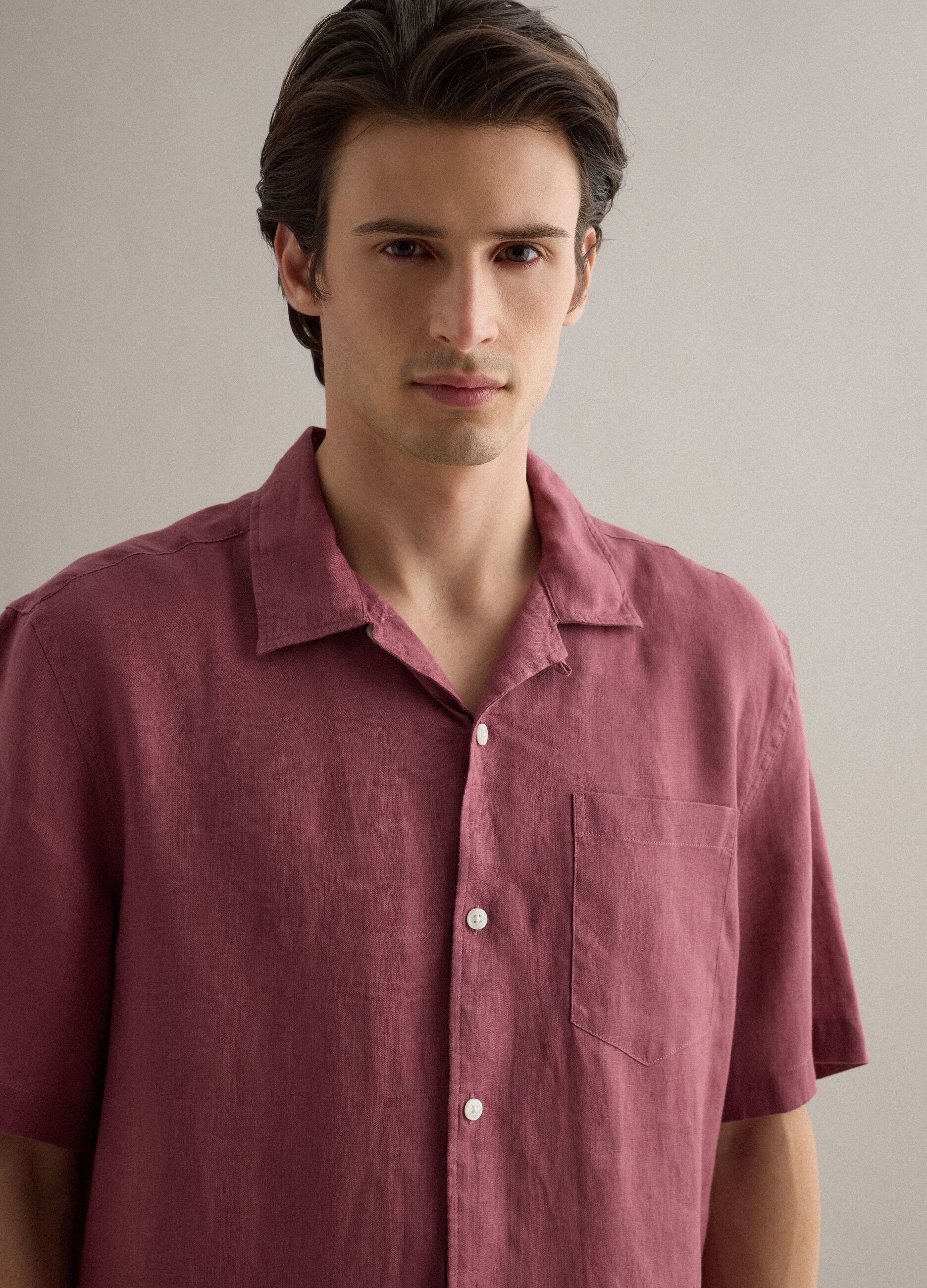 Regular fit pink short sleeve pure linen shirt with pocket