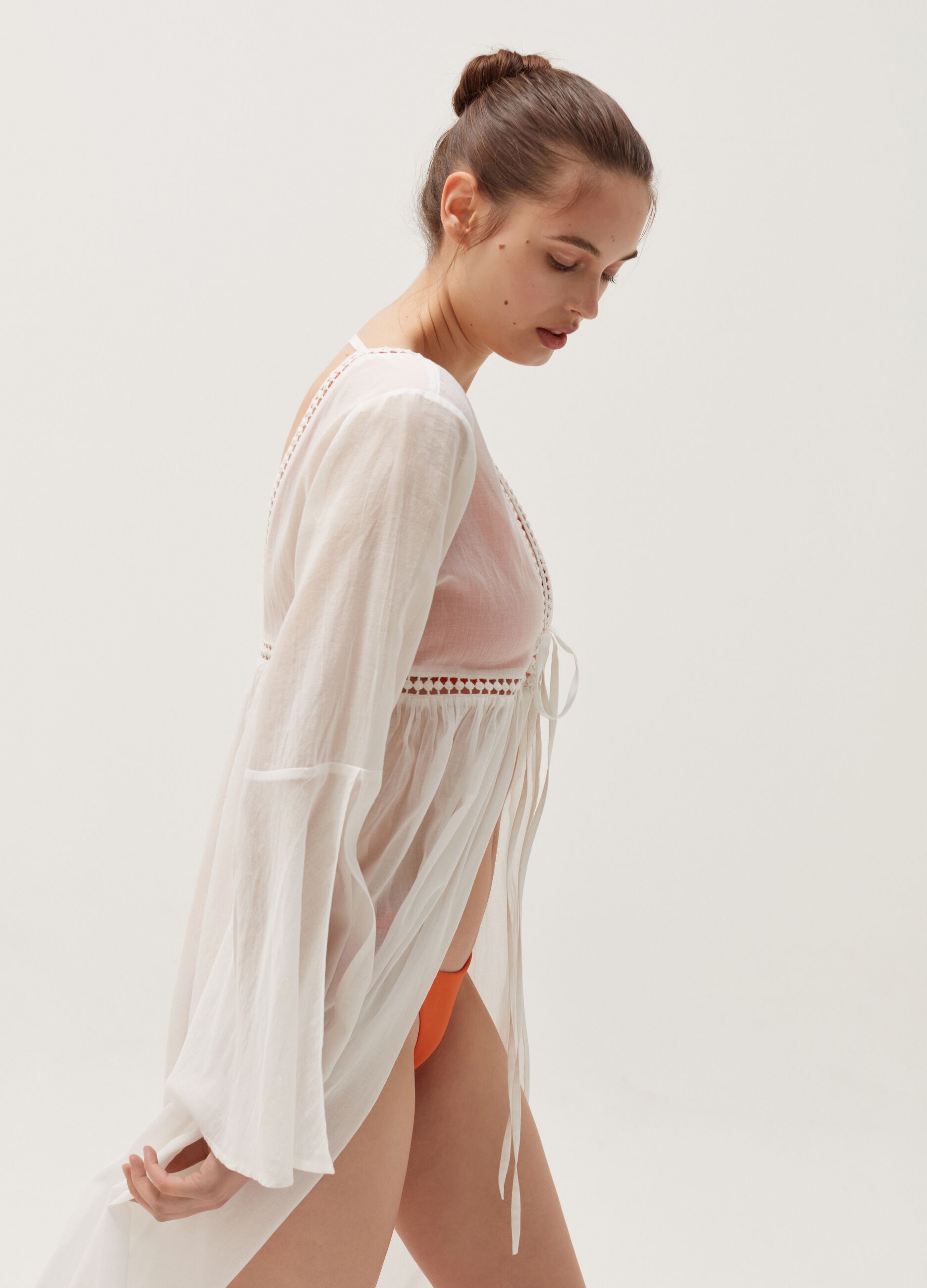 Cotton beach cover-up with crochet inserts