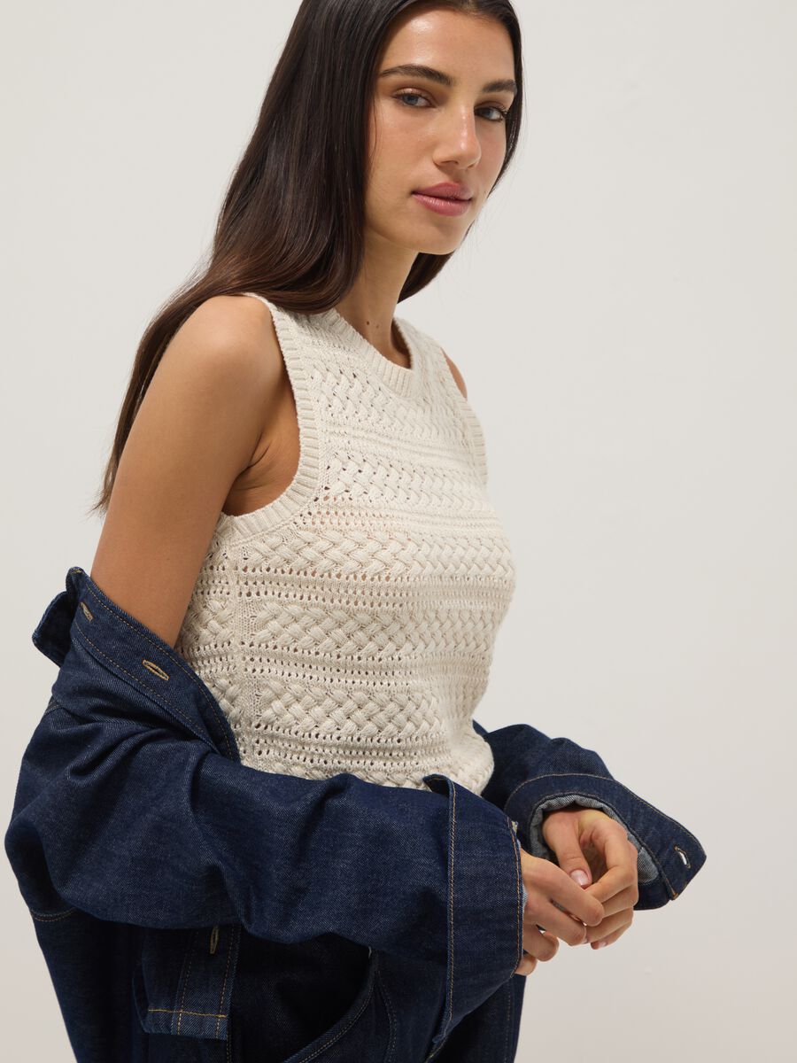 White cotton-blend regular-fit tank top with openwork texture_0