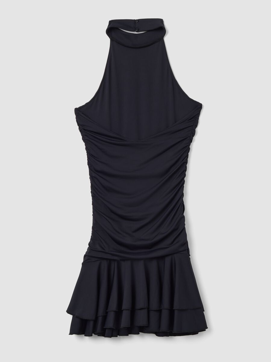 Black stretch dress with high neck and ruffle hem_1