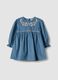 Blue pure cotton dress with floral embroidery and crew neck, oversized fit_0